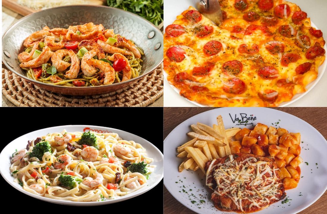 Spaghetti ao Pesto, Pizza, Camarão salteado no azeite e Parmegiana