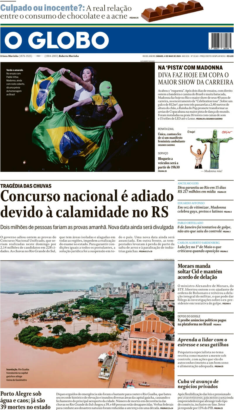 Capa do jornal O Globo