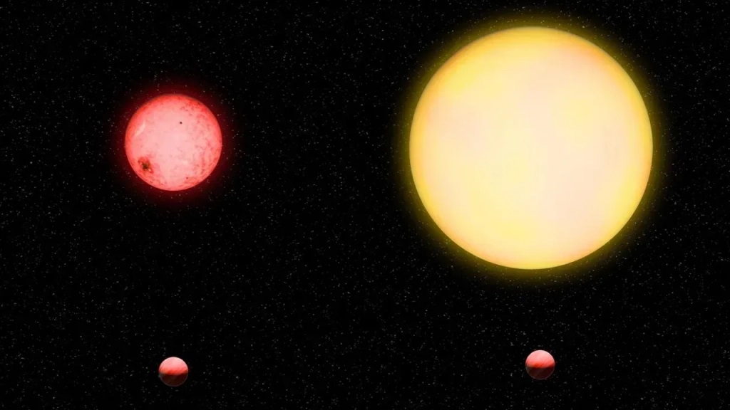 Ilustração planeta orbitando uma estrela anã vermelha