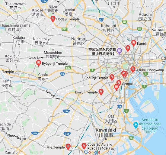 Mapa de Tóquio com sinalização de templos