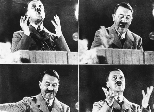 Montagem com várias fotos de Hitler discursando