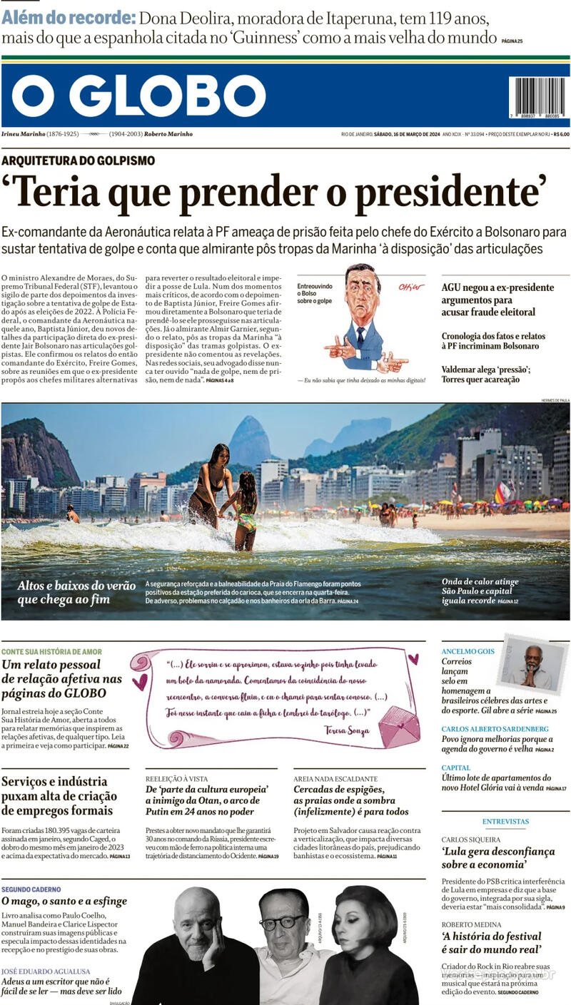 Capa do jornal O Globo