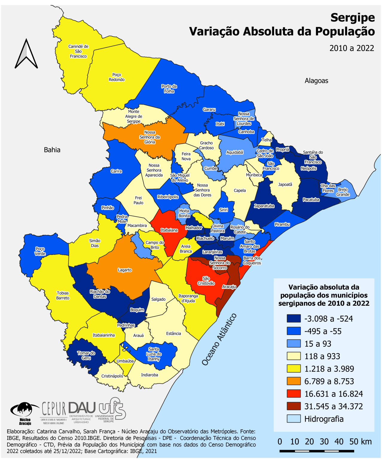 Mapa com a variação absoluta da população de Sergipe