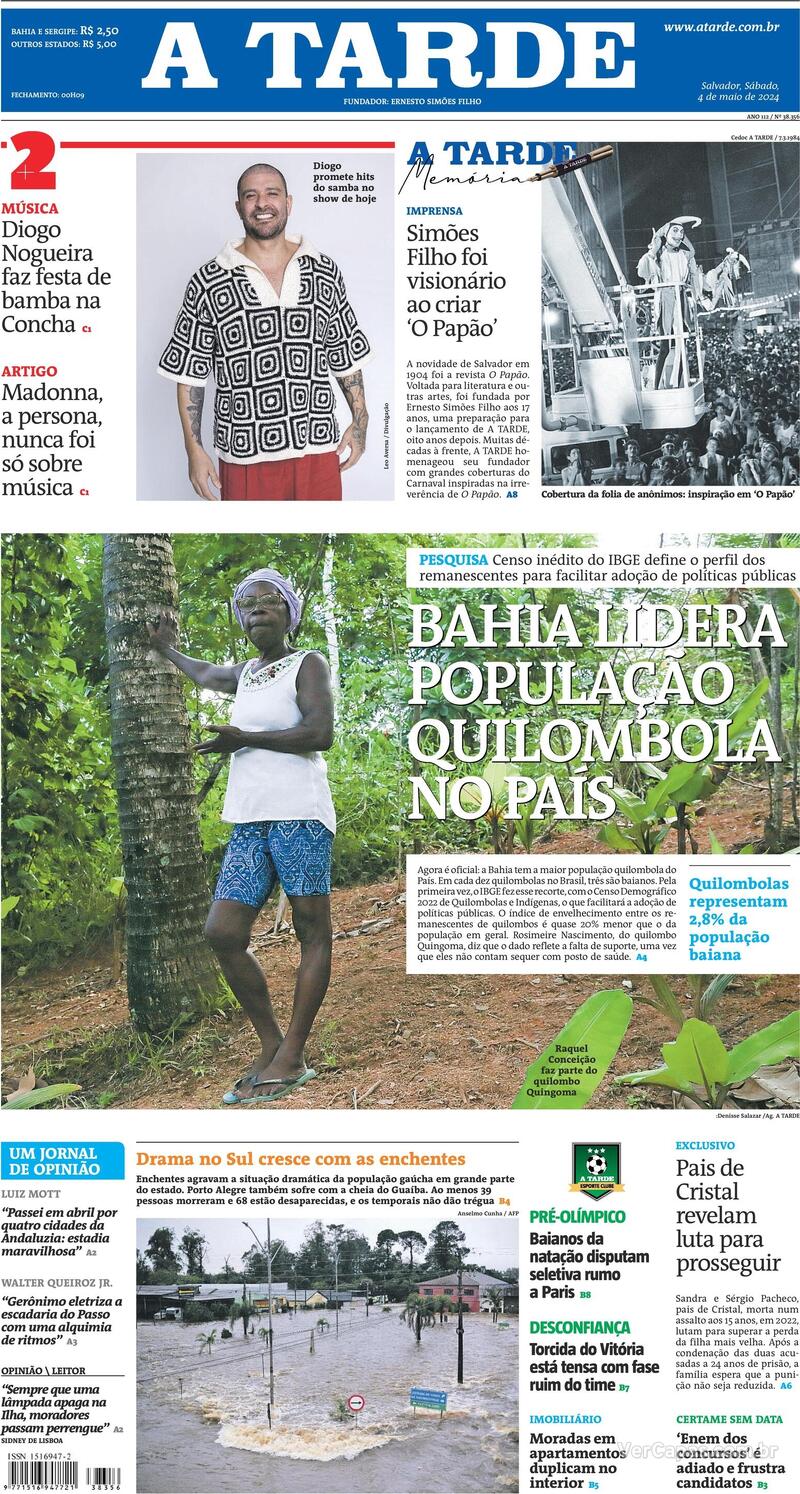 Capa do jornal A Tarde