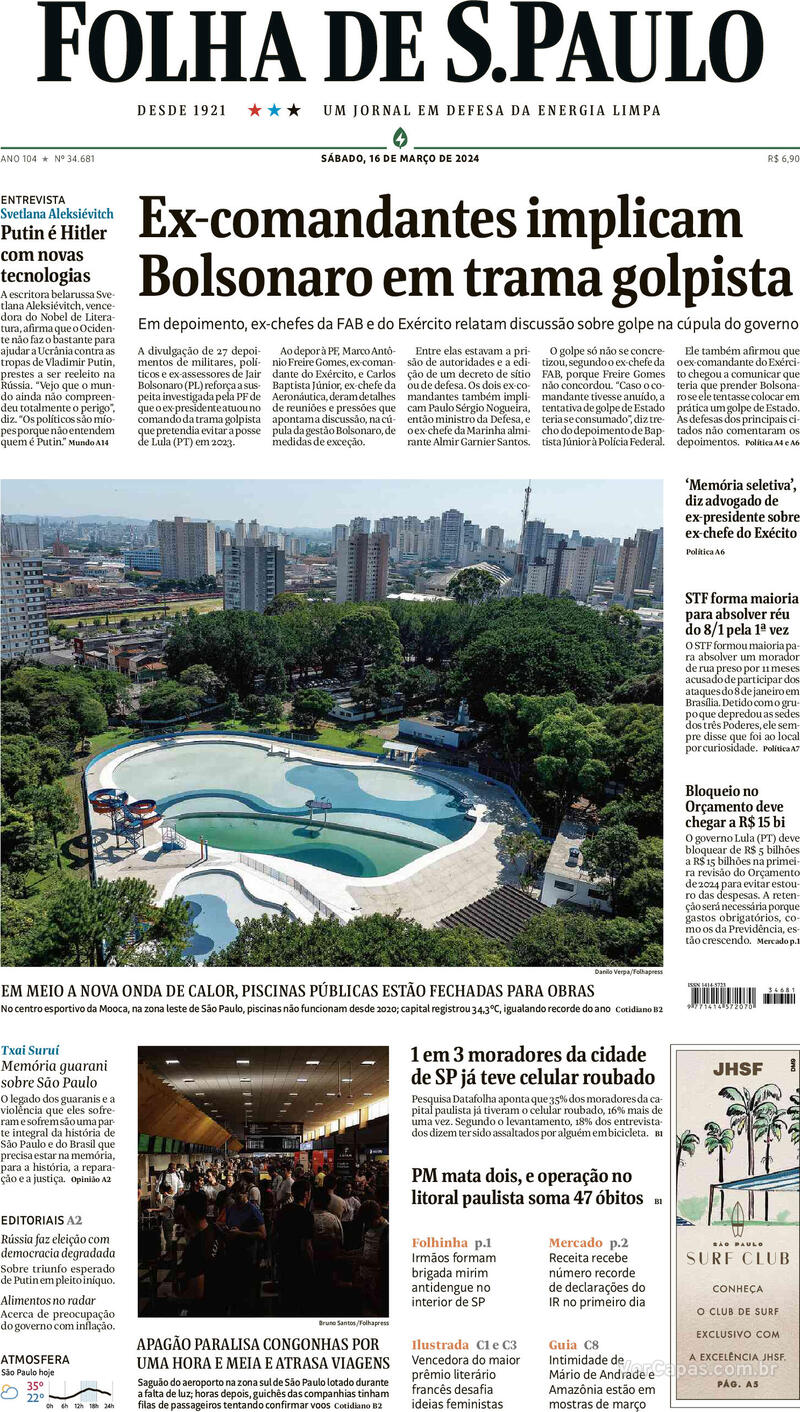 Capa do jornal Folha de São Paulo