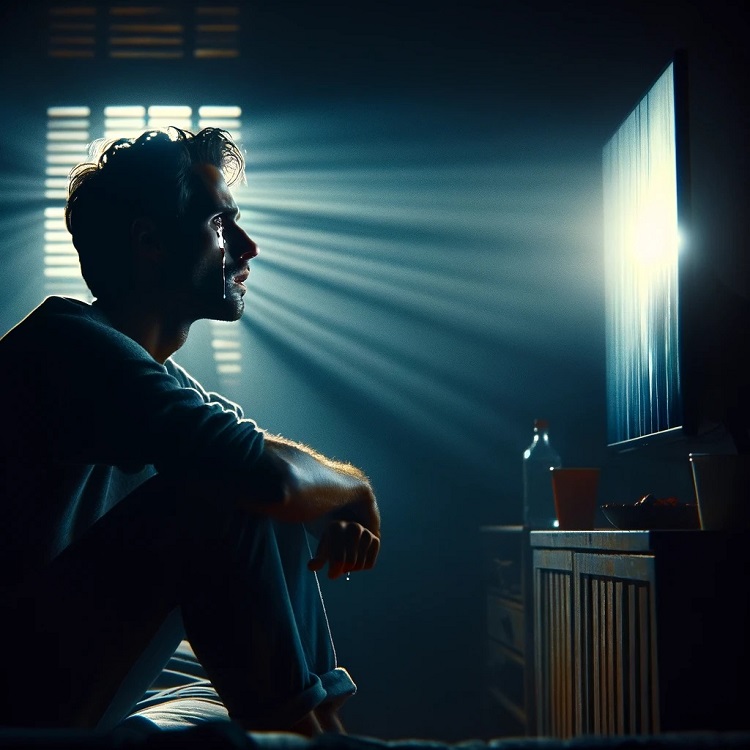 Homem chorando sentado vendo filme