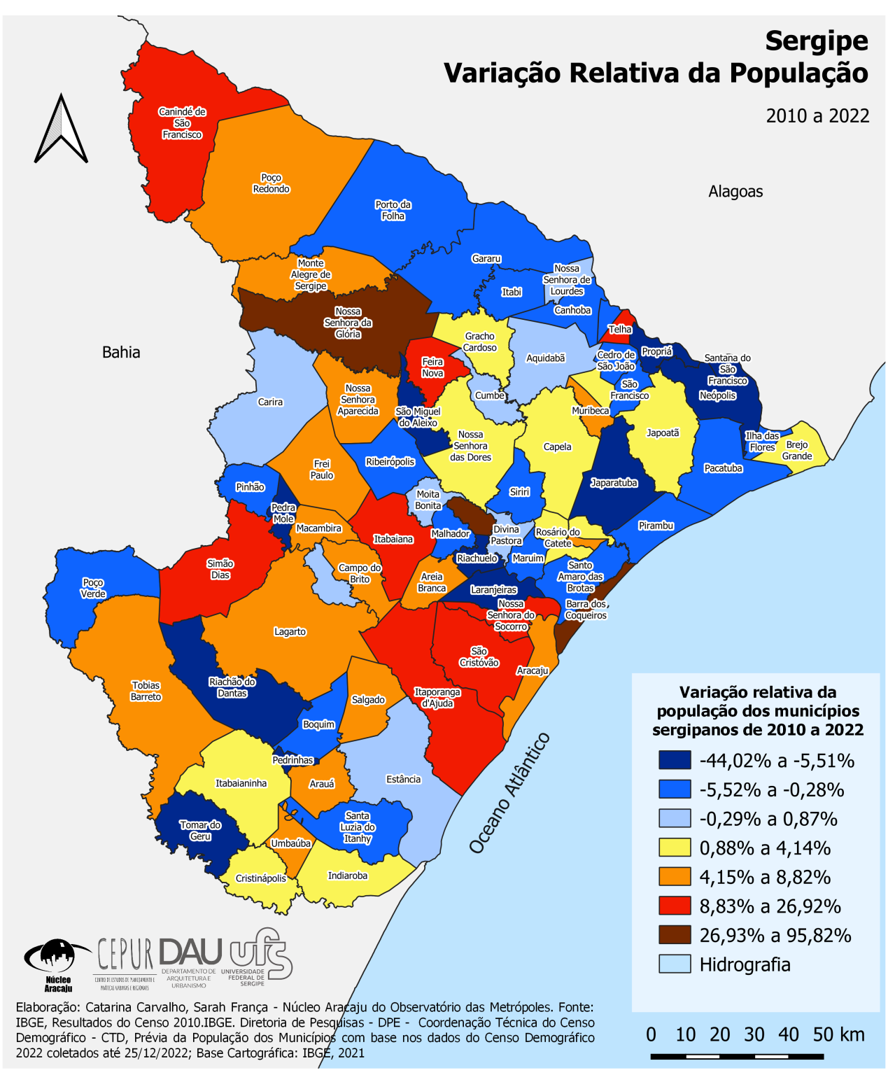 Mapa com a variação relativa da população de Sergipe