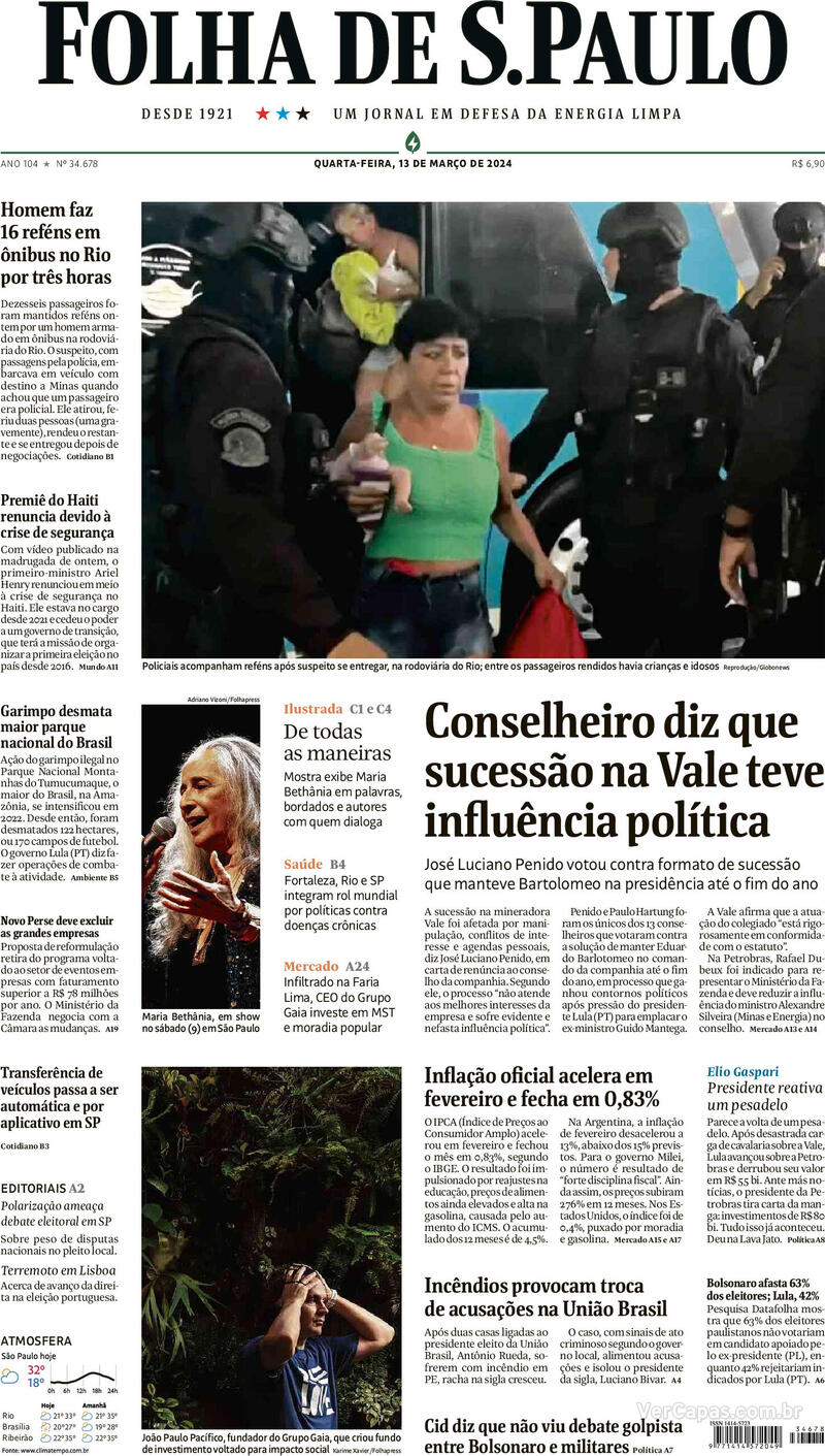 Capa do jornal Folha de São Paulo