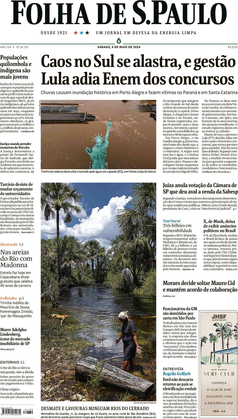 Capa do jornal Folha de São Paulo